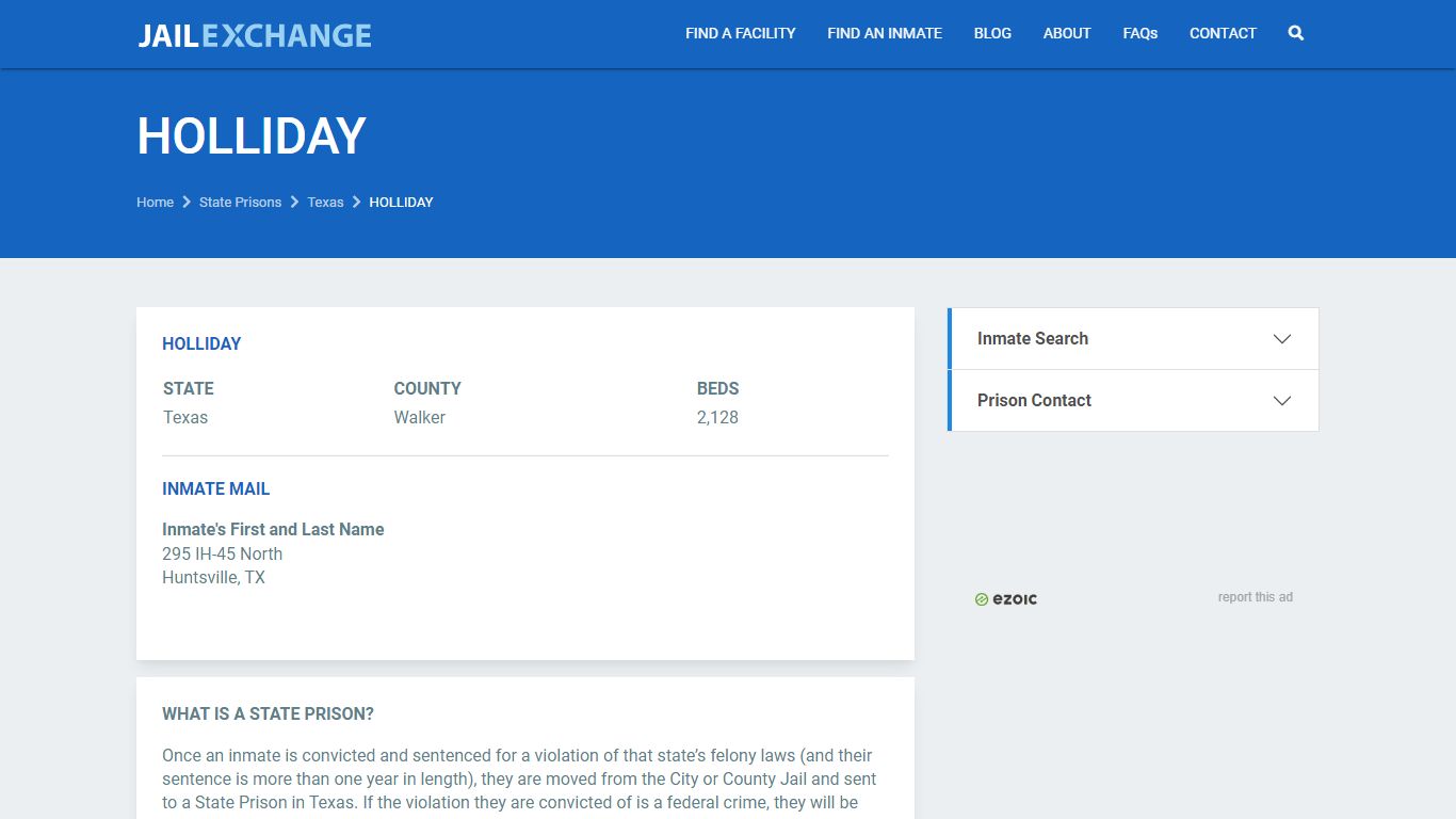 HOLLIDAY Prisoner Search | Visitation, Mail, FAQ, Email ...
