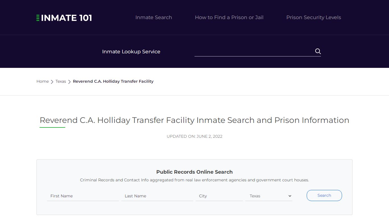 Reverend C.A. Holliday Transfer Facility Inmate Search ...